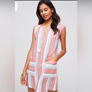Loft Beach Pink Striped Sleeveless Swim Cover-Up Mini Dress Linen Cotton Large